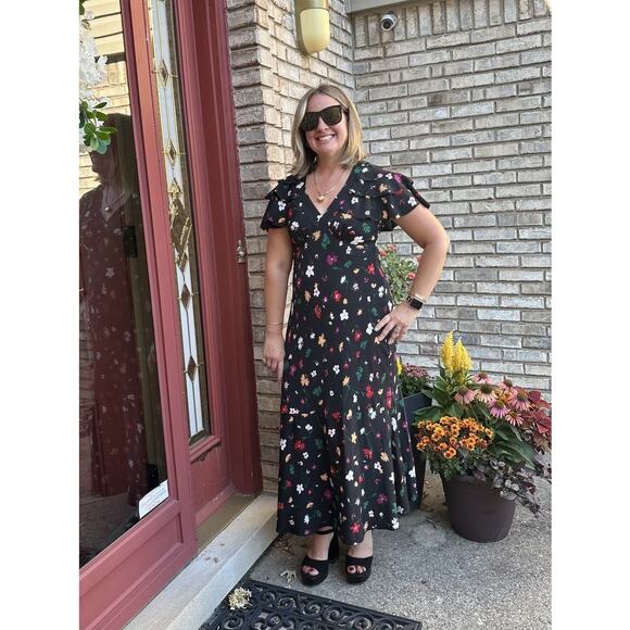 POLO RALPH LAUREN Black Floral 100% Silk Nime Midi Dress Size 8 - Picture 4 of 16